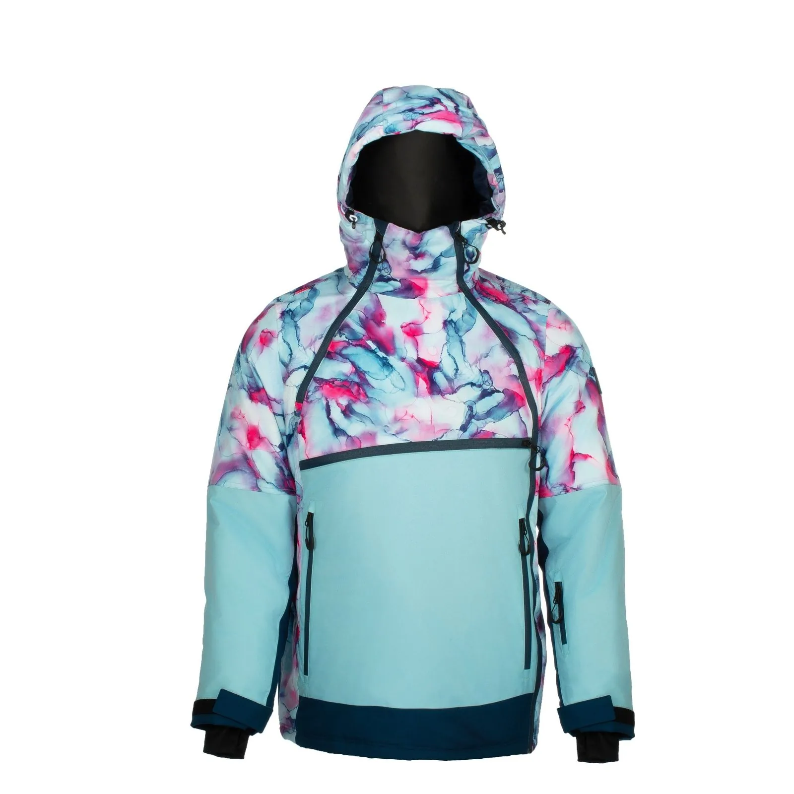 Ski anorak detail showing laminated shell, taped seams and waterproof zippers