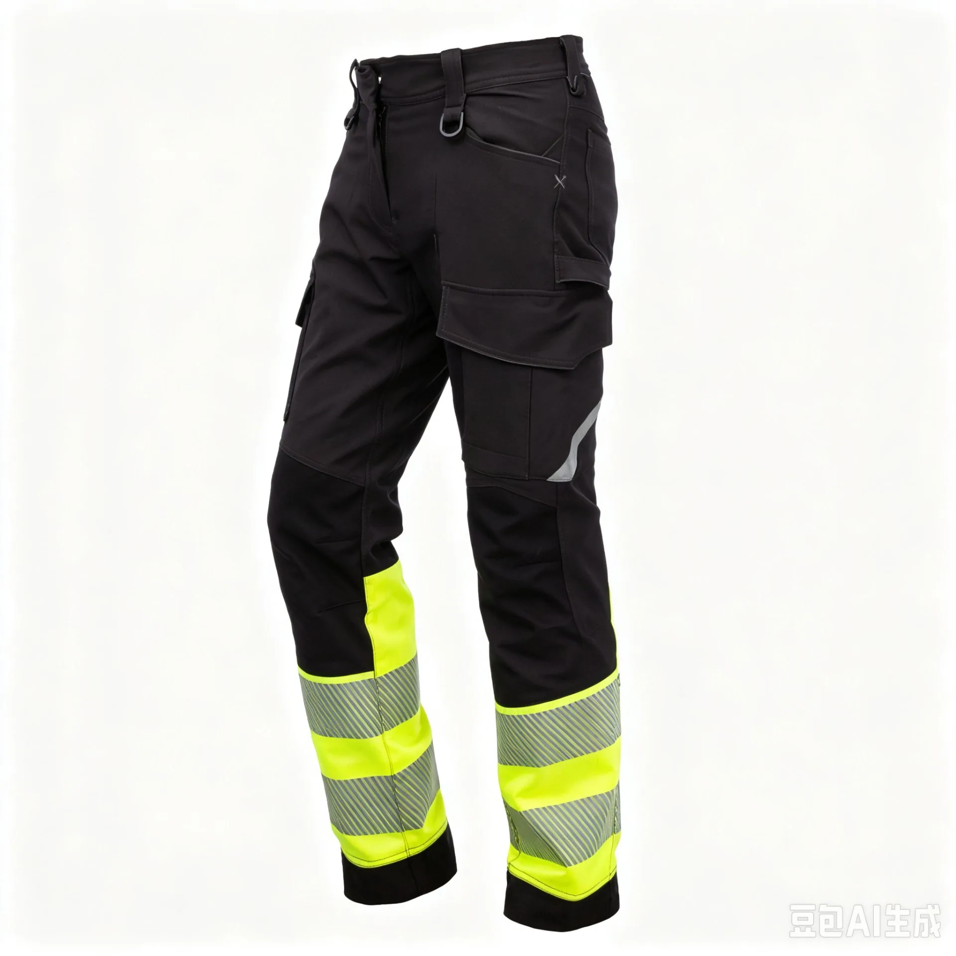 LYTH-CP8 cargo pants detail showing EN 20471 retroreflective tape on fluorescent lower legs and reinforced construction
