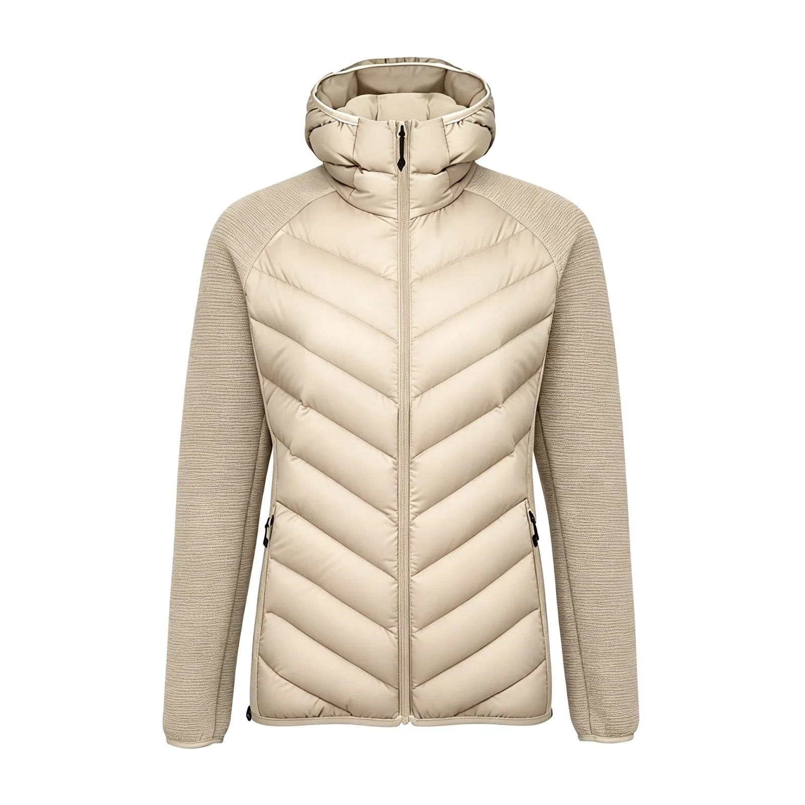 Down jacket detail showing hybrid knit sleeves and quilted down body