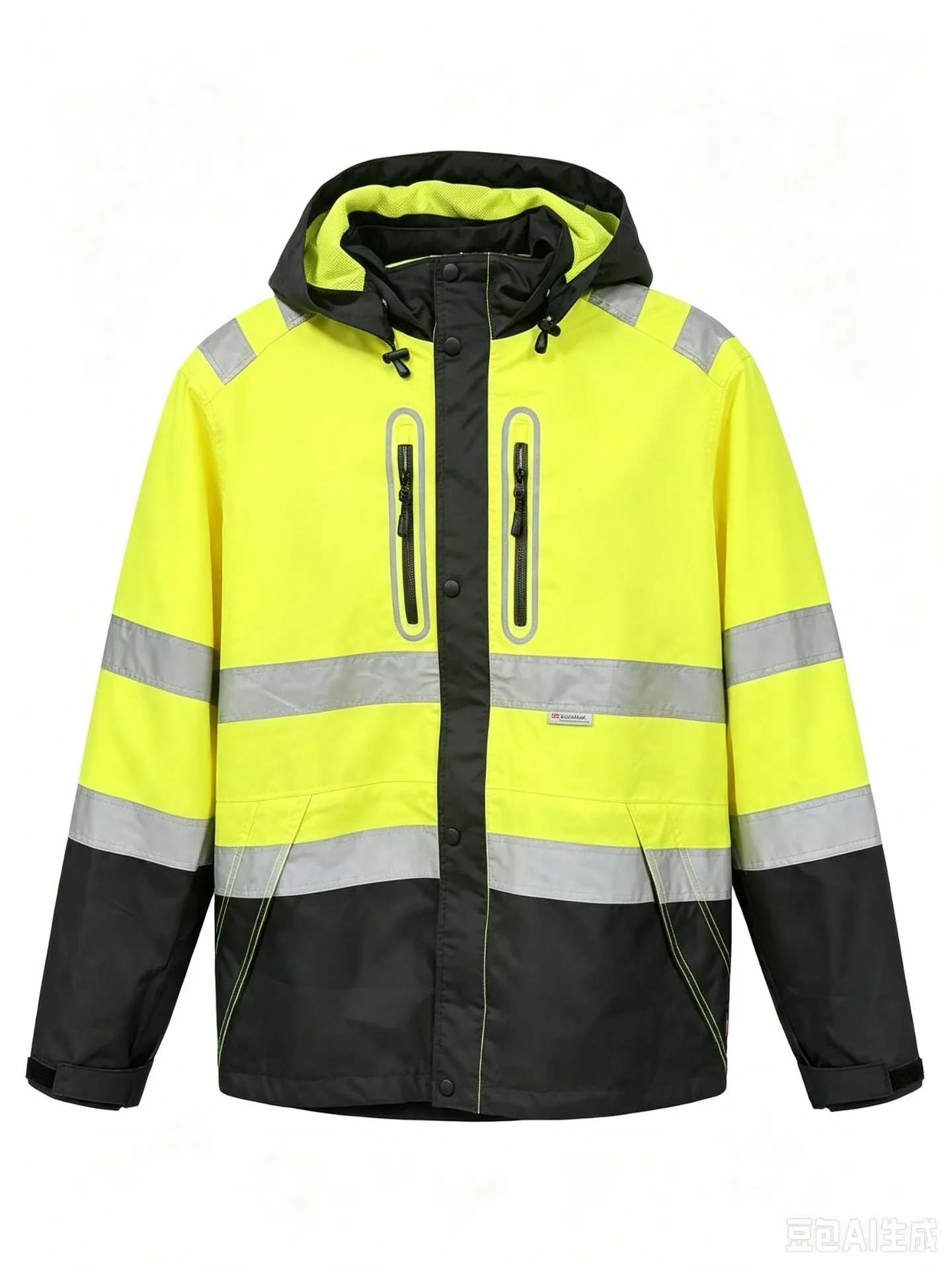 EN 20471 hi-vis rain jacket detail showing PU coating, sealed seams and certified reflective tape