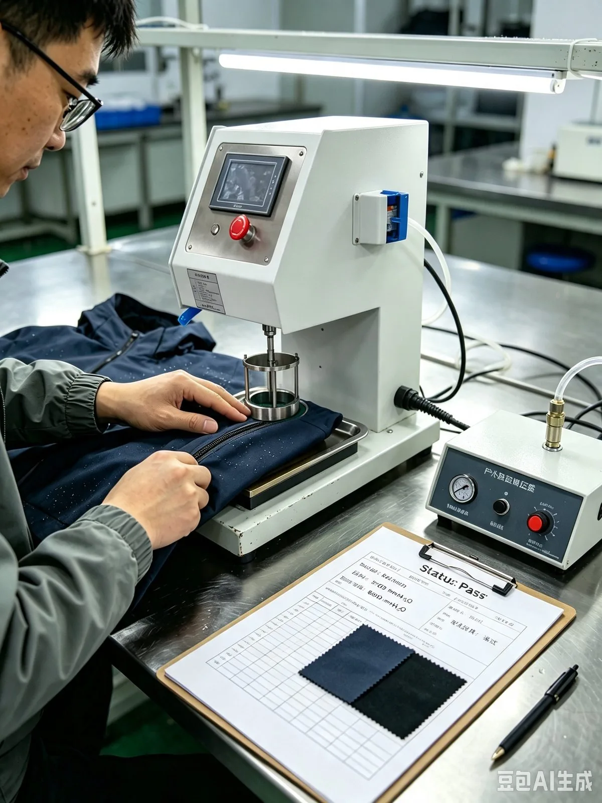 Worker running hydrostatic pressure test on a functional jacket, with a written test record on the desk