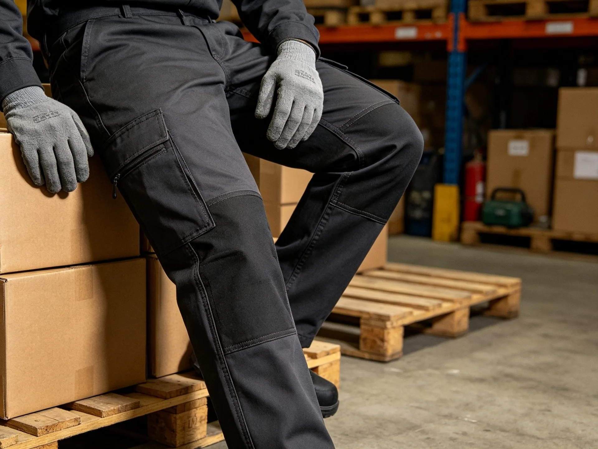 LYTH cargo pant and top — worker in custom workwear cargo pants sitting on boxes in a warehouse