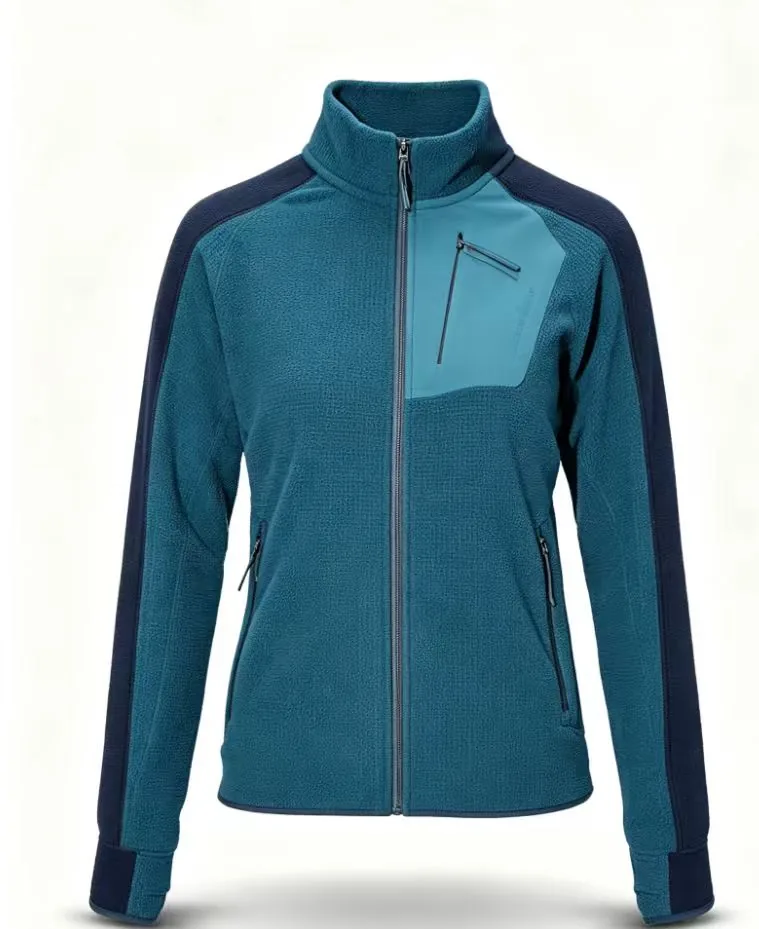 Teal grid fleece jacket with laser-cut pocket