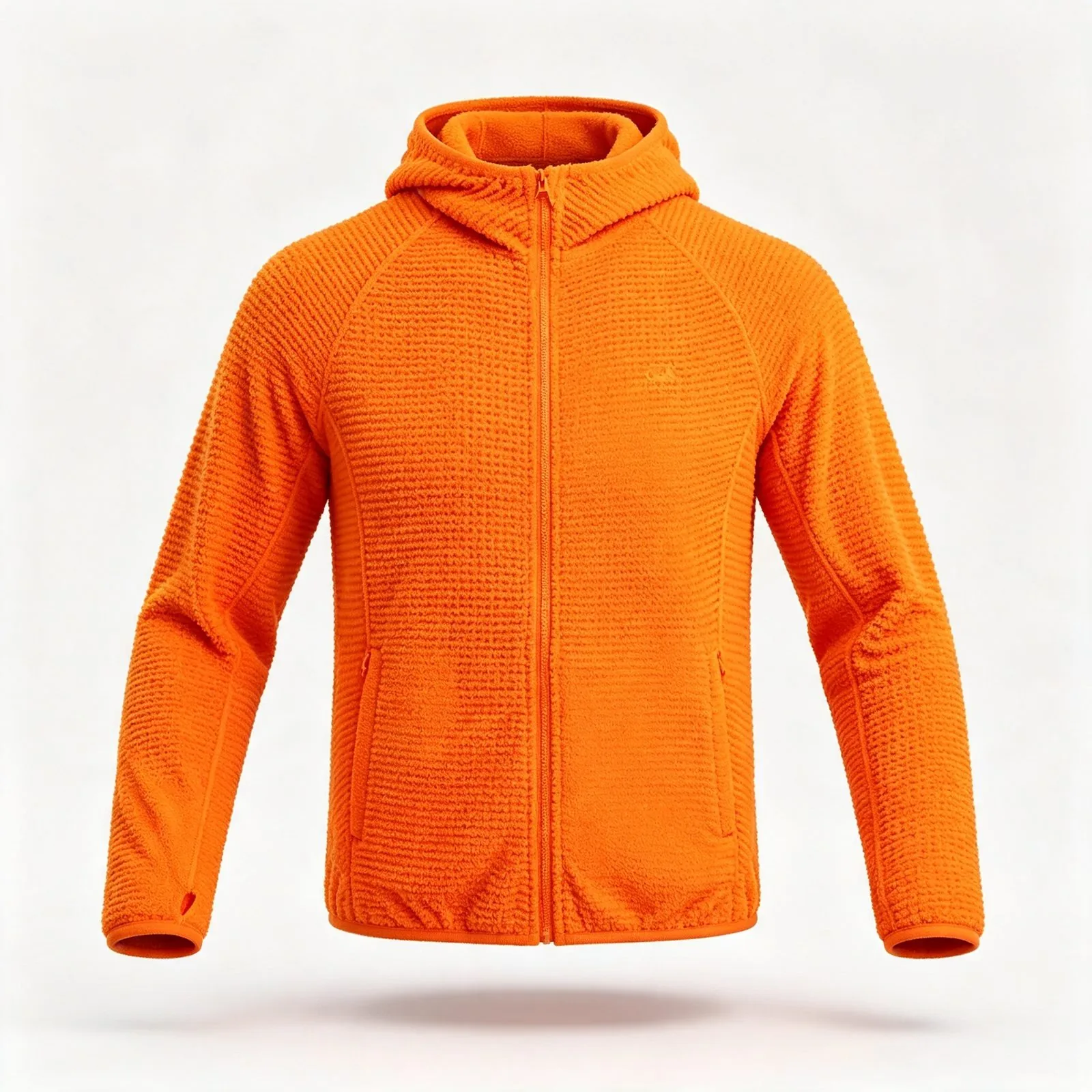 Custom hooded fleece jacket in orange — recycled mid-layer OEM