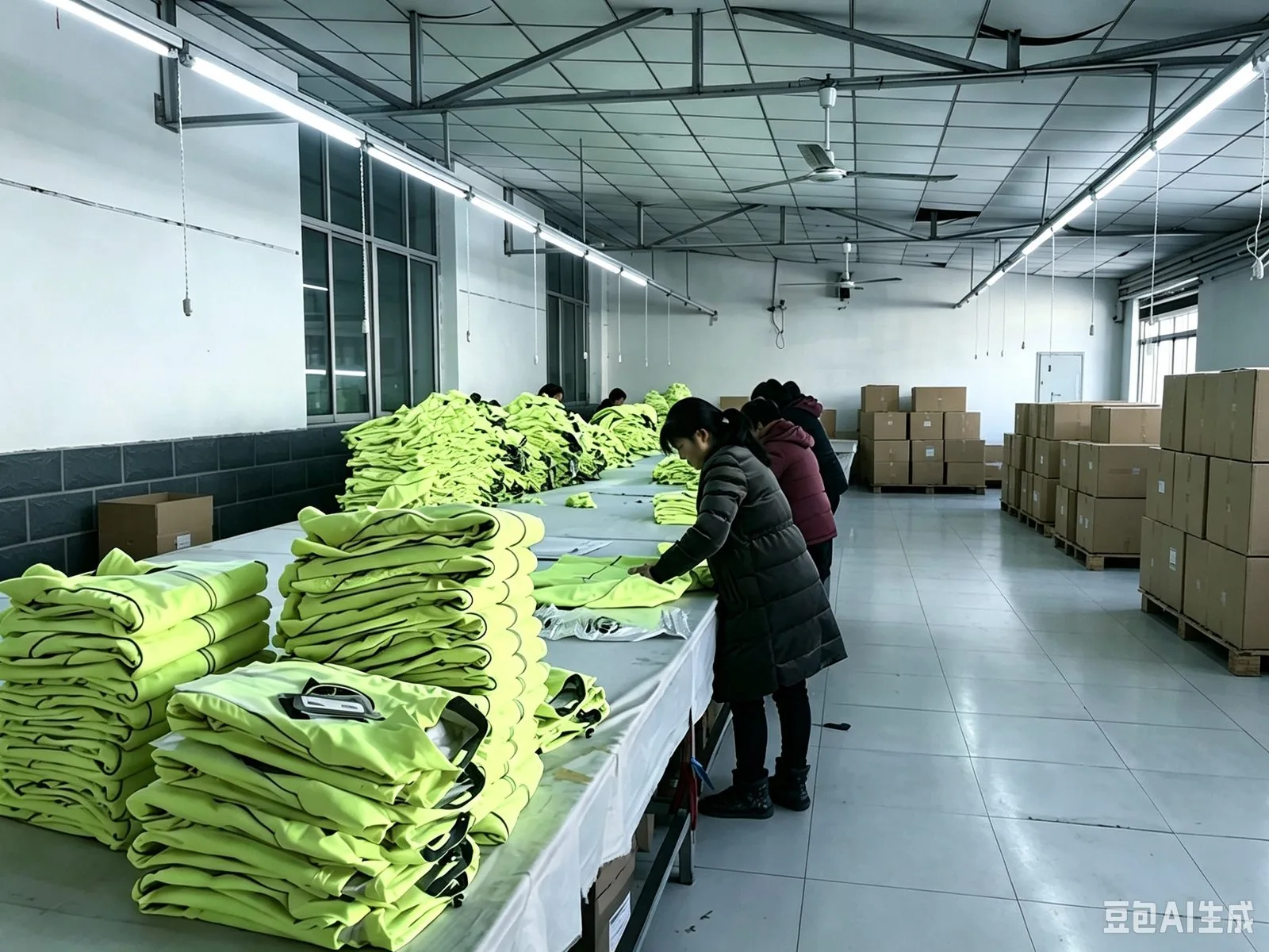 Quality inspection on the production line with high-visibility jackets stacked for checking